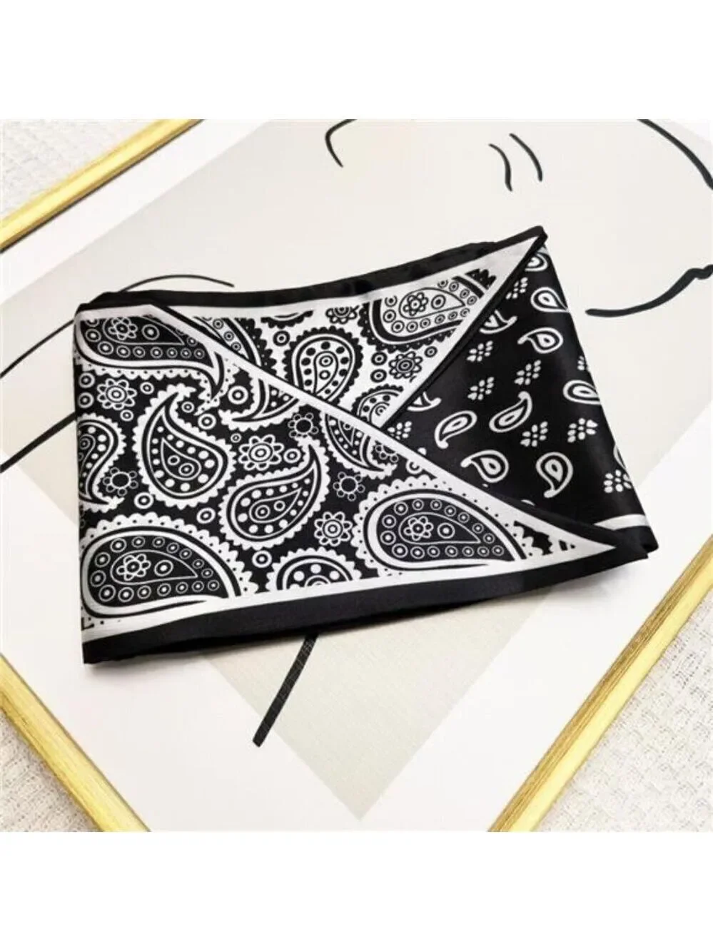Hair Scarf Black and White Silky Long Neck Head Scarves Purse Bag Scarfs